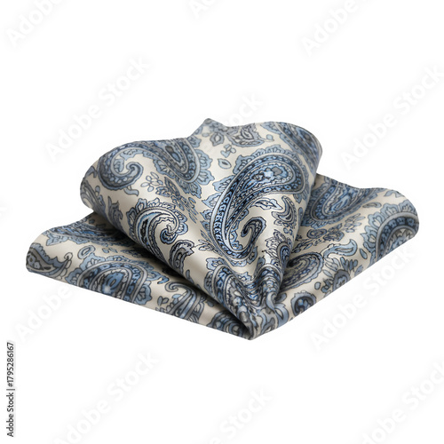 Elegant folded silk pocket square with intricate blue and white paisley pattern