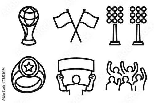 Championship Icons Display. World Championship linear icons: globe trophy, national flags, stadium lights, championship ring, winner banner, crowd wave.