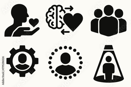 HumanCentered AI Icons. HumanCentered AI silhouette icons set: empathy icon, brainheart connection, teamwork illustration, ethical design gear, inclusive model, human focus light.