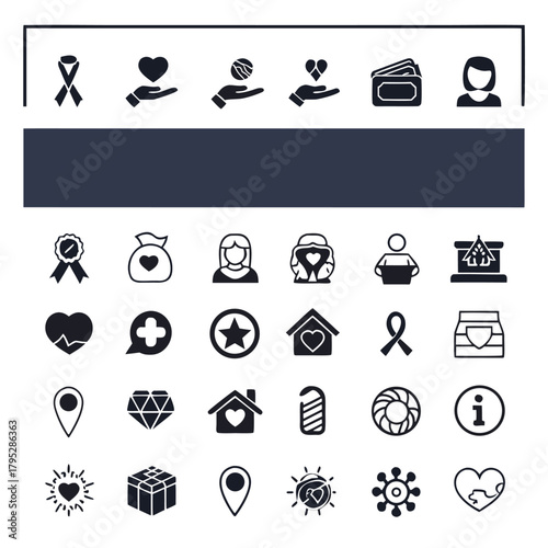Health and charity icon set with wellness, support, care, and donation symbols in clean minimal vector design