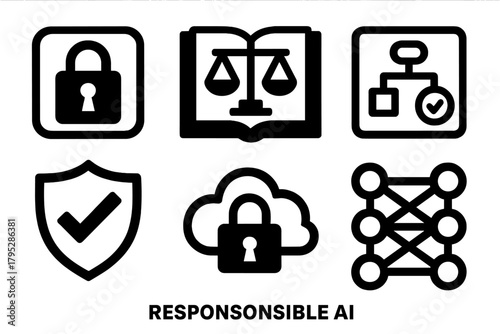 Responsible AI Icons. Responsible AI silhouette icons set: data privacy lock, ethical code book, verified algorithm, trust badge, secure cloud, explainable model.