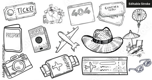 Set of 14 hand-drawn travel and vacation icons. Doodle vector illustration of passports, tickets, and airplanes.