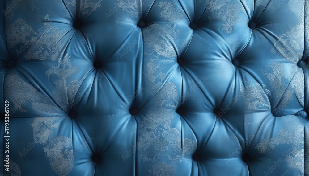 Obraz premium Luxurious Blue Tufted Fabric Texture with Brocade Floral Pattern Close-up Background_1