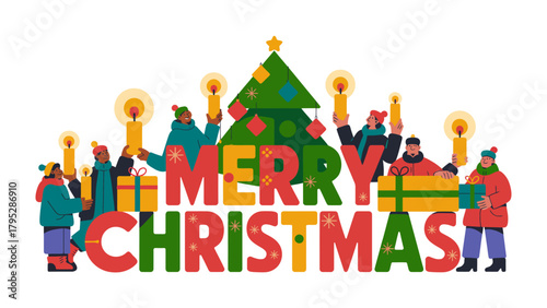 Holiday Cheer: Festive illustration of people gathering around a christmas tree holding a burning candle, and gift. Capture the spirit of the season with colorful artwork.