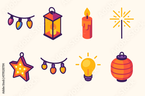 Colorful Festive Light Icons. Festive Lights flat icons: string lights, lantern, candle, sparkler, star lamp, fairy lights, glowing bulb, paper lantern.