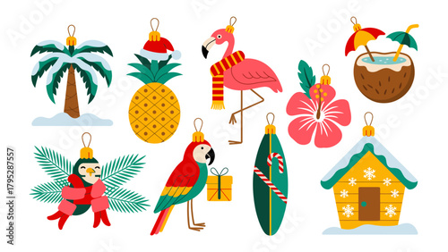 Tropical Christmas Ornament Collection: Adorn your holiday with a touch of paradise, showcasing a vibrant assortment of tropical-themed Christmas ornaments.