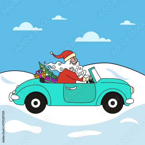 Santa Clause driving vintage car in snow covered mountain valley. Flat Christmas graphic post.