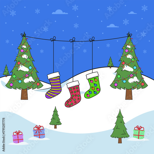 Decorative Christmas background with snow covered valley and Christmas tree