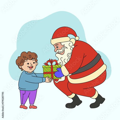 Santa Claus giving gift to kids with joy and happiness on Christmas evening