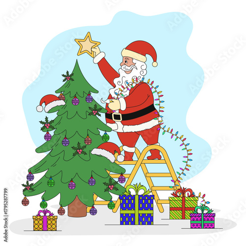 Santa Clause decorating Christmas tree with lights and gifts