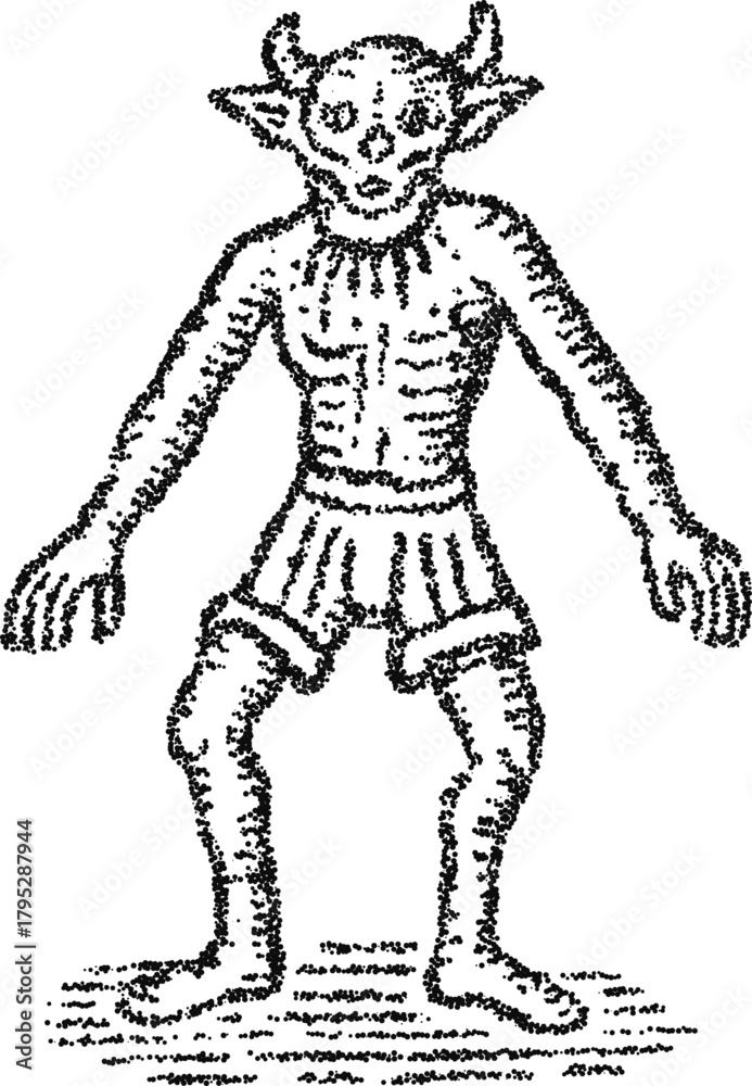 Fototapeta premium A mischievous goblin or imp character with small horns, illustrated in a classic stipple style. Vector graphic for fantasy, role-playing games, and folklore themes, isolated on white