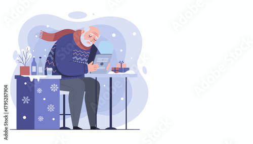 Elderly man shops online using a tablet in a winter scene with gifts and drinks