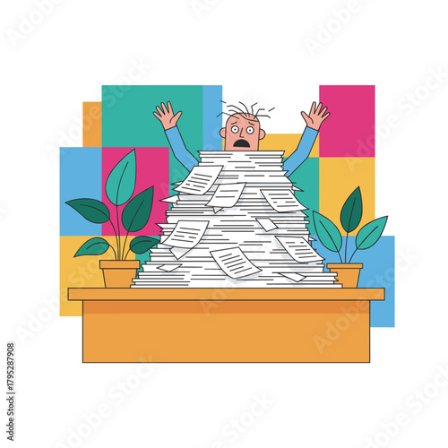 Overwhelmed office worker drowning in endless documents and high pressure