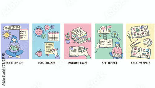 Selfcare habits and journaling for mental wellness reflection and creativity Vector illustration