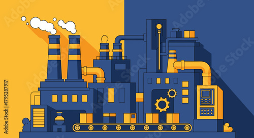 Vibrant industrial factory illustration Manufacturing production line automation and smokestacks