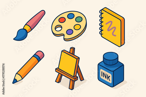 Art Tools Icons. Artistic Flow flat icons: paintbrush, color palette, sketchbook, pencil, easel, ink bottle.