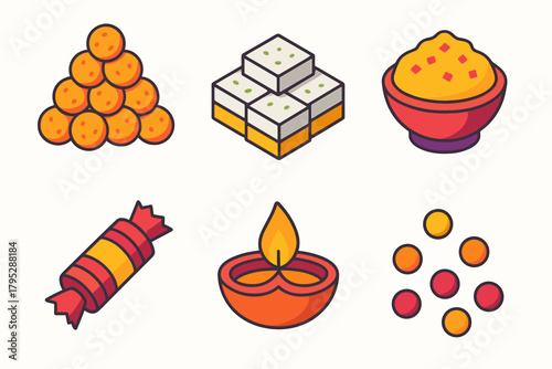 Diwali Sweets Icons. Diwali Sweet Celebration flat icons: ladoo tower, barfi squares, halwa bowl, festive wrapper, diya lamp, sugar pearls.