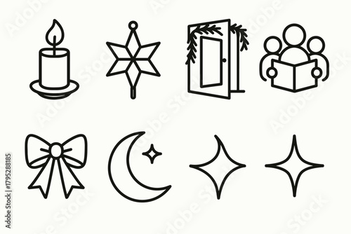 Festive Neighborhood Icons. Neighborhood Tradition linear icons: candle, star lantern, open door, pine garland, group singing, ribbon, moon, sparkle.