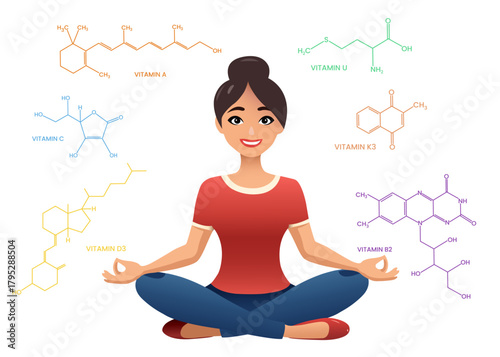 Illustration of a woman meditating or sitting cross-legged surrounded by chemical structures of essential vitamins (a, c, d3, b2, k3, u) for health and nutrition