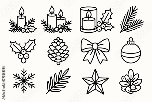 Festive Holiday Centerpiece. Christmas Holiday Centerpiece linear icons: candles, pine sprig, holly berries, pinecones, red ribbon, golden ornament, snowflake, glass holder.