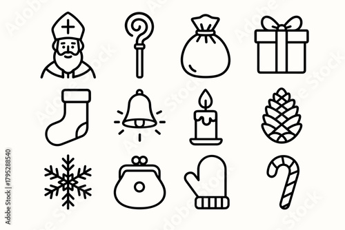 St. Nicholas Icons. St. Nicholas Gift Giving linear icons: saint figure, golden crozier, gift bag, wrapped present, stocking, bell, candle flame, pinecone, snowflake, coin purse.