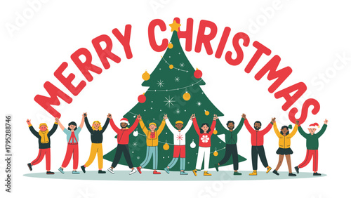 Joyful Holiday Greetings: A diverse group stands united, hands clasped, in front of a decorated Christmas tree, spreading cheer with a festive Merry Christmas message.