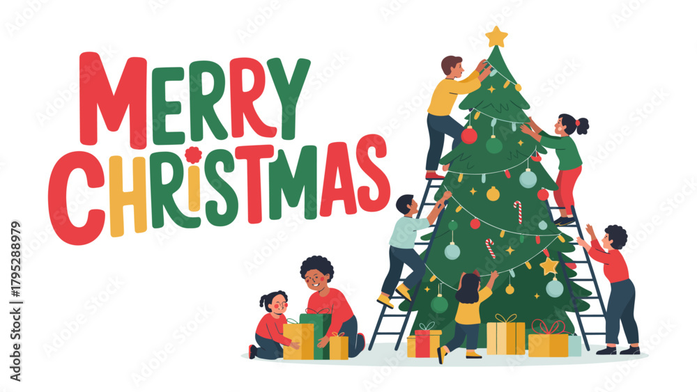 Fototapeta premium Holiday Cheer and Togetherness: A heartwarming scene unfolds as a group of people gather around a Christmas tree, decorating it with ornaments and lights.