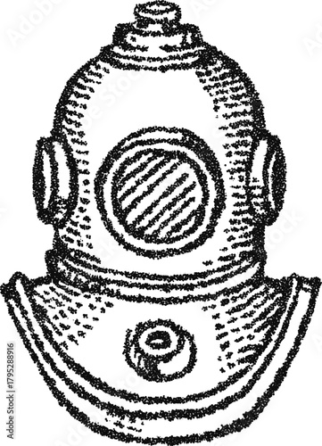 Vintage deep sea diving helmet illustrated in a retro stipple or dotwork style. Vector graphic for nautical, steampunk, and underwater exploration themes, isolated on white