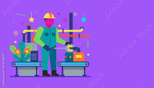 Industrial worker operating machinery and pipes in a colorful modern flat design illustration