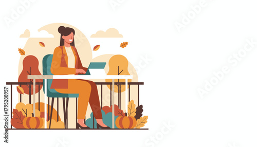 Happy professional woman working on a laptop on an autumn balcony Remote work freedom concept