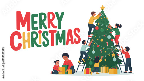 Holiday Cheer and Togetherness: A heartwarming scene unfolds as a group of people gather around a Christmas tree, decorating it with ornaments and lights.