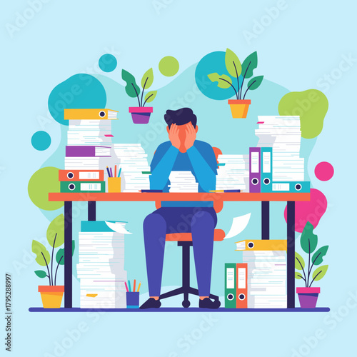 Stressed worker overwhelmed by massive paperwork and office workload Corporate burnout concept