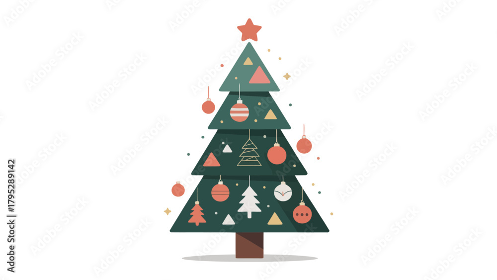 Fototapeta premium Festive Evergreen: A vibrant illustrated Christmas tree stands adorned with a star, ornaments, and geometric designs, radiating the holiday spirit.