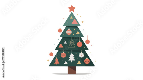 Festive Evergreen: A vibrant illustrated Christmas tree stands adorned with a star, ornaments, and geometric designs, radiating the holiday spirit.