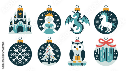 Ornamental Winter Wonderland: A festive collection of decorative Christmas ornaments, each adorned with enchanting winter-themed illustrations, showcasing snowflakes, fairy-tale characters.