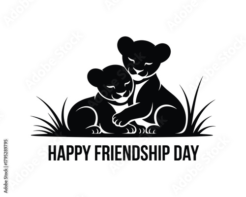 Two black lion cubs hugging surrounded by grass animal