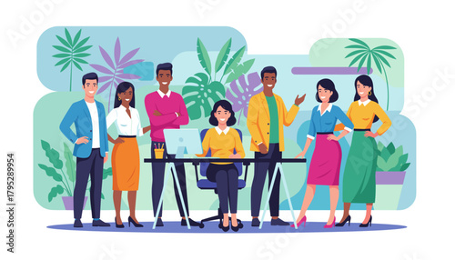 Diverse smiling business team standing together in a modern office with tropical plants Collaboration concept