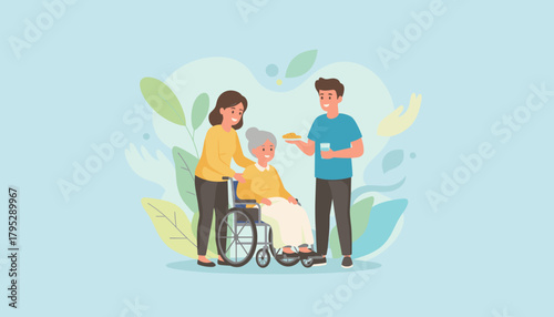 Caregivers helping senior woman in wheelchair with food and loving support Vector illustration