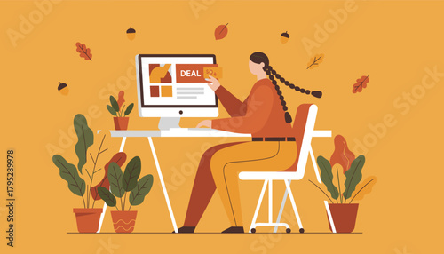 Fall shopping deals Woman at desk using computer holding a discount card