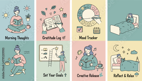 Selfcare and wellness routine illustration grid tracking mood setting goals creative release and relaxation
