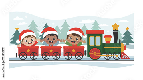 Christmas Joyride: Cheerful children in festive attire embark on a whimsical train journey, spreading holiday cheer amidst a backdrop of winter wonder. 