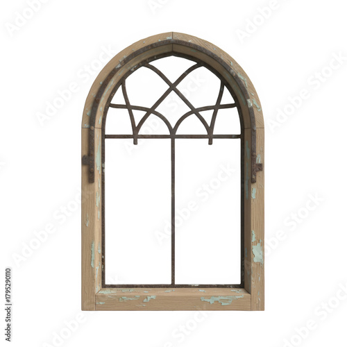 Antique gothic arch window frame with intricate tracery and stone carvings