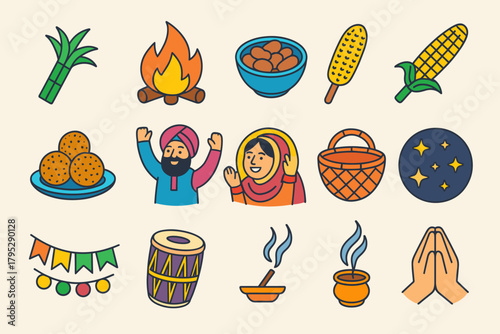 Lohri Festival Icons. Lohri Harvest Offering flat icons: sugarcane bundle, fire flames, peanuts bowl, roasted corn, jaggery sweets, joyful villagers, traditional basket, starry.