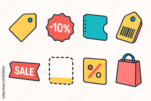 Modern Sale Icon Set. Sales Promotion Labels flat icons: folded tag, red discount badge, coupon edge, barcode tag, sale ribbon, dotted border, price slash, shopping bag.
