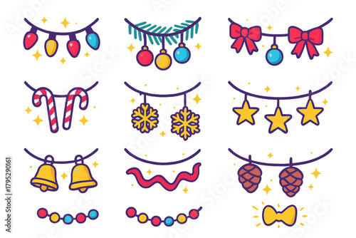 Christmas Garland Icons. Christmas Sparkling Garland flat icons: twinkling string lights, pine leaves, ornaments, ribbons, candy canes, snowflakes, stars, bells, tinsel, pinecones.
