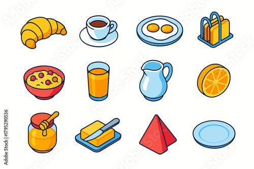 Modern Breakfast Icons. Morning Breakfast flat icons: croissant, espresso cup, fried eggs, toast rack, bowl of granola, glass of juice, milk jug, fruit slice, honey jar, butter.