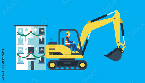 Construction worker drives excavator near a winterdecorated building Holiday labor concept