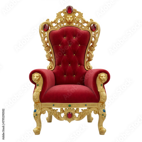 Ornate red velvet throne chair with gold gilded accents and carvings 