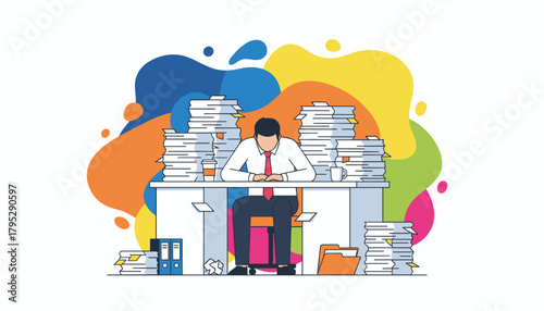 Tired businessman overwhelmed by bureaucracy and mountains of paperwork Heavy workload concept