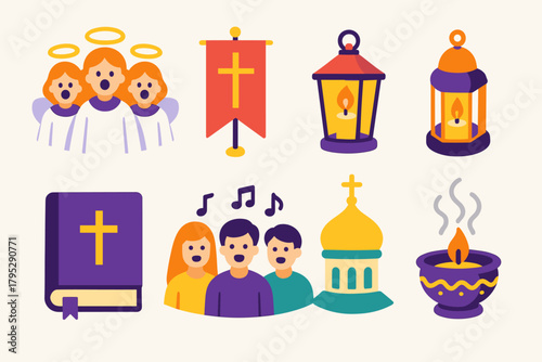Orthodox Christmas Icons. Orthodox Christmas Joyful Worship flat icons: angelic choir, cross banner, lit lantern, sacred book, congregation singing, church dome, festive candle.